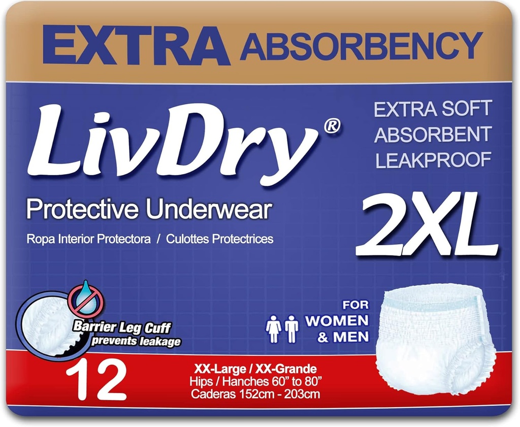 LivDry Adult XXL Incontinence Underwear, Extra Absorbency Adult Diapers, Leak Protection, XX-Large, 12-Pack