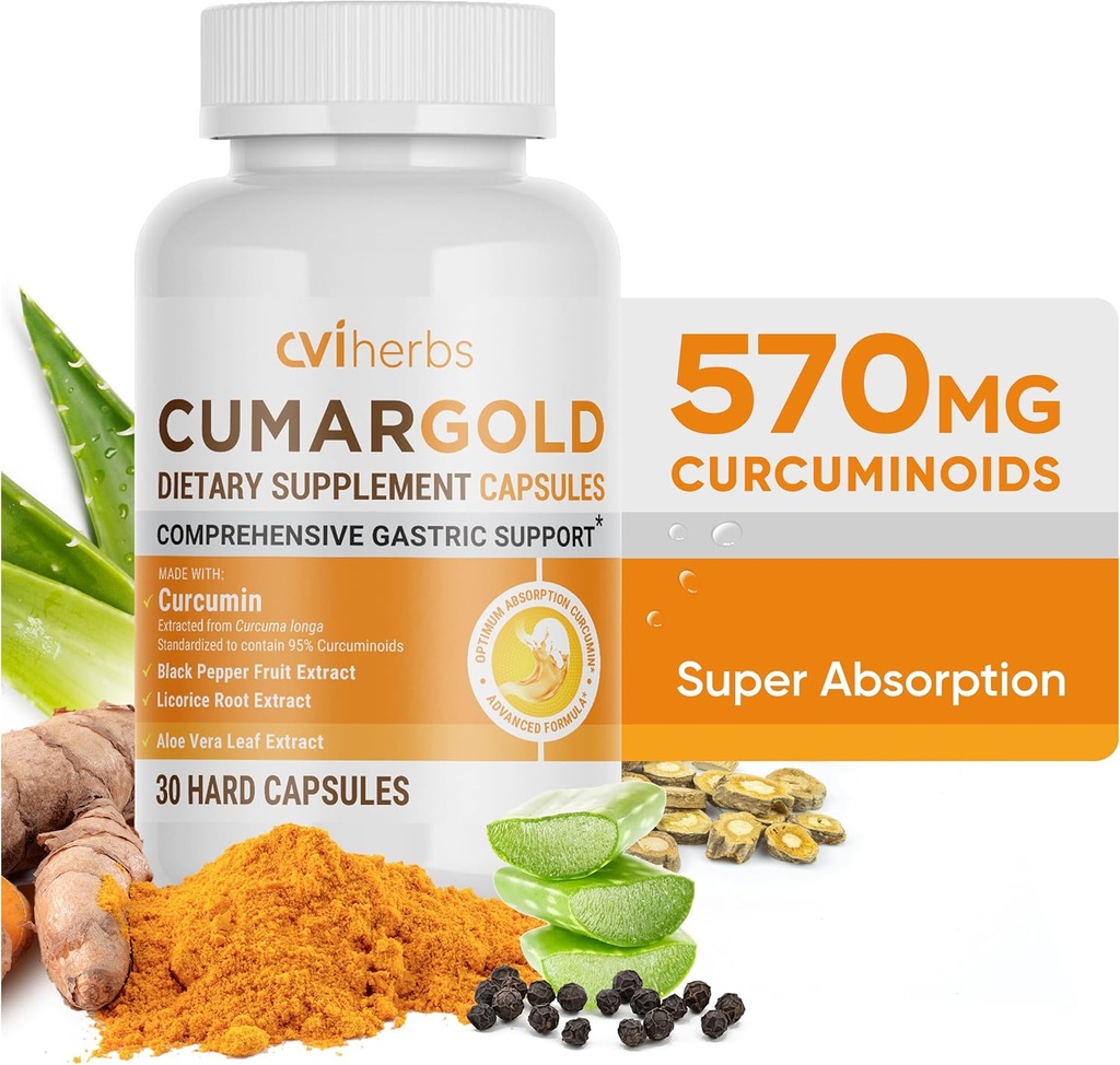 Cumargold 570mg Curcuminoids Turmeric Curcumin Supplement with Piperine, Licorice Root & Aloe Vera - High Potency Natural Wellness Capsules (30 Count)