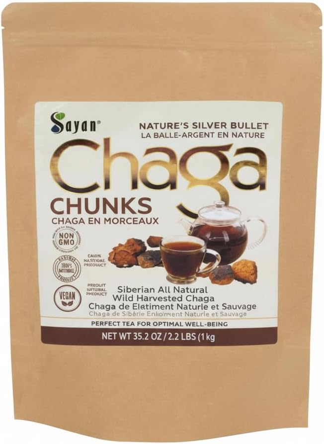Sayan Siberian Pure Raw Chaga Mushroom Chunks with Black Top Crust 35.2 Oz/ 2.2 lb – Premium Wild-Harvested Antioxidant Tea for Immune Support, Focus and Digestive Health - Non-GMO