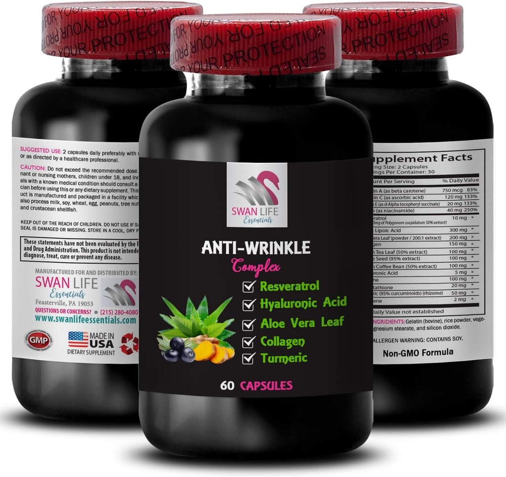 Aloe Vera Leaf - Anti-Wrinkle Complex - Turmeric Power, L-Glutathione Benefits, Resilience Booster, Collagen Boost, Fresh Appearance, Silken Touch, Youth Restorer, Firming Action 1 Bottle 60 Capsules