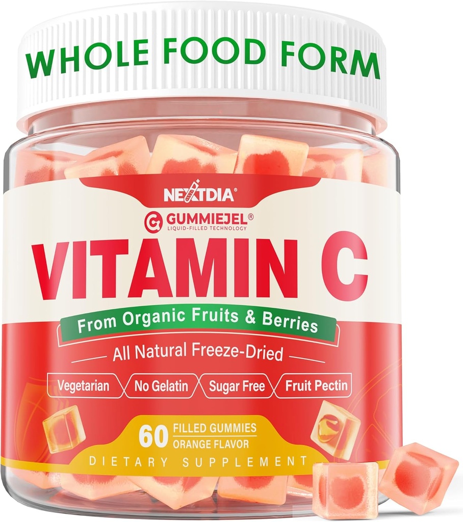 Organic Vitamin C Gummies 120mg for Adults, Sugar Free, Daily Immune Defense, Raw Antioxidant, 100% Whole Food Chewable Vitamin C Supplement from 1200mg Berries & Fruits for Collagen, Vegan, 60 Counts