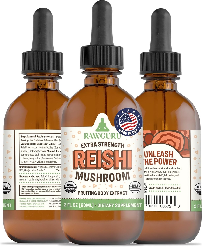 RawGuru Organic Reishi Mushroom Tincture - Reishi Mushroom Extract with Natural Trace Minerals - Nano-Processed Cognitive & Immune Support Supplement - 60 Servings of Vegan Drops per 60 ml, Pack of 1