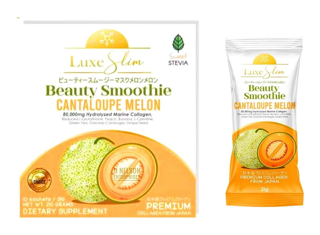 Beauty Smoothie Cantaloupe Melon, 80,000mg Hydrolyzed Marine Collagen, 21gx10 Sachets, 7.4075 Ounce