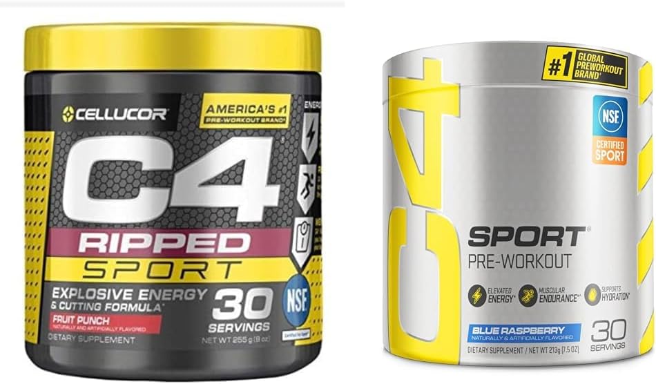 C4 Ripped Sport Pre Workout Powder Fruit Punch - NSF Certified for Sport + Sugar Free & C4 Sport Pre Workout Powder Blue Raspberry - Pre Workout Energy