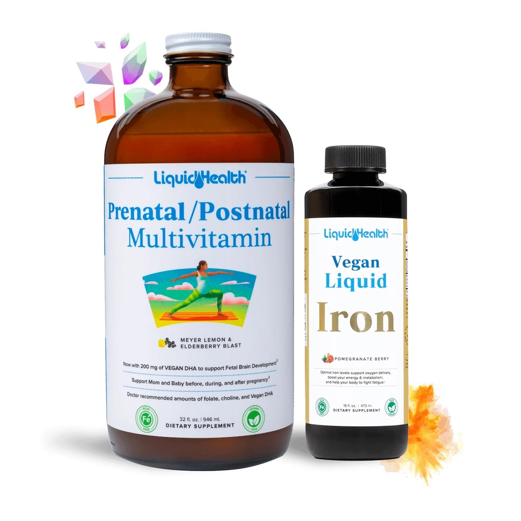 LIQUIDHEALTH Prenatal Baby Booster Pregnancy Vitamin Bundle - Vegan Women's Prenatal/Postnatal Multivitamin with SunActive & Ferrochel Iron, Folate, Whole Foods - Made in the USA, 100% Vegan (Bundle)
