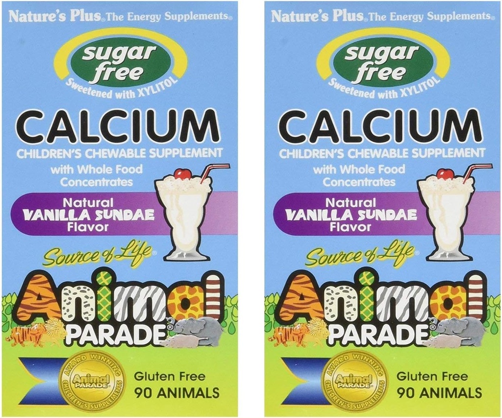 NaturesPlus Animal Parade Sugar-Free Children's Calcium, Vanilla Sundae Flavor - 90 Chewable Animal Shaped Tablets, Pack of 2 - Magnesium for Bone Health - Gluten Free - 90 Servings