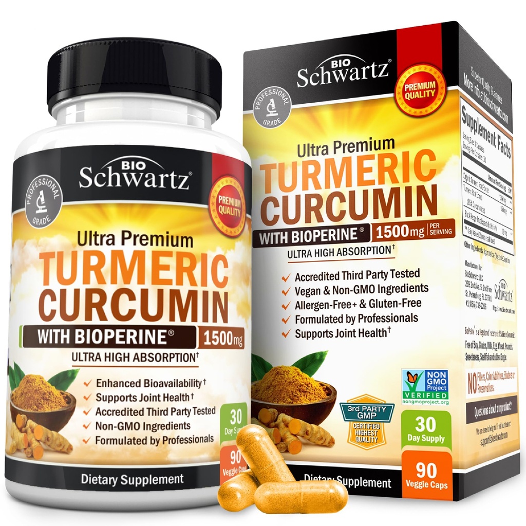 Turmeric Curcumin with Black Pepper Extract 1500mg - High Absorption Ultra Potent Turmeric Supplement with 95% Curcuminoids and BioPerine - Non GMO Tumeric Capsules for Joint Support - 90 Capsules