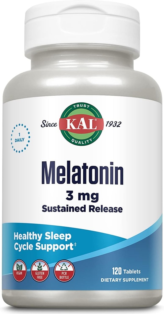 KAL Melatonin 3mg Sustained Release Sleep Aid, Melatonin Supplement Supports Healthy Relaxation, a Calm Feeling and a Proper Sleep Cycle, w/Added Vitamin B6, Vegan, Gluten Free, 120 Serv, 120 Tablets