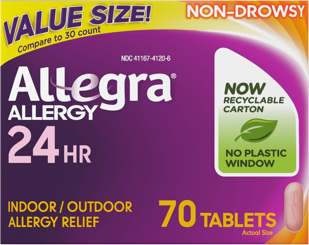 Allegra Adult 24-Hour Allergy Relief Tablets, Non-Drowsy Indoor and Outdoor Allergy Medicine, 180 mg Fexofenadine HCI Antihistamine Pill, 70-Count