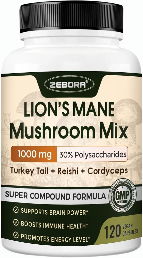 ZEBORA Lions Mane Supplement Capsules - Mushroom Supplement with Lions Mane, Cordyceps, Reishi, Turkey Tail, Shiitake - Lion's Mane Mushroom for Memory, Focus & Immune Support - 119 Vegan Capsules