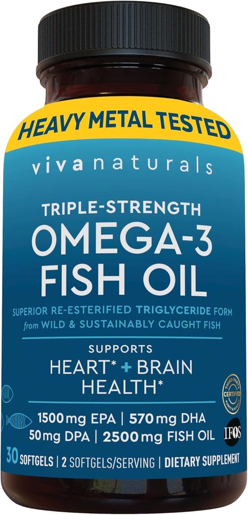 Viva Naturals Omega-3 Fish Oil, Triple Strength, 2500 mg, 30 Softgels – Re-Esterified Omega 3 Fatty Acids Including EPA, DHA, DPA - Pascatarian-Friendly