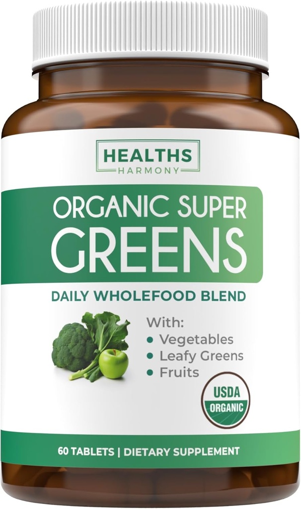 USDA Organic Super Greens Supplement - Organic Greens Fruits and Vegetable Supplement for Adults with 28 Superfood Complex with Superfruits Roots Herbs & More - Vegan & Non-GMO (Up to 1 Month Supply)