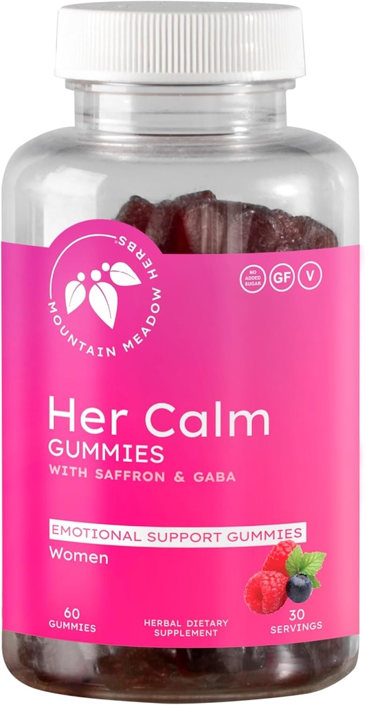 Mountain Meadow Herbs Her Calm Gummies – Natural Mood Support with Saffron, Passion Flower, St. John’s Wort, GABA – Stress Relief Supplement for Women – 60 ct