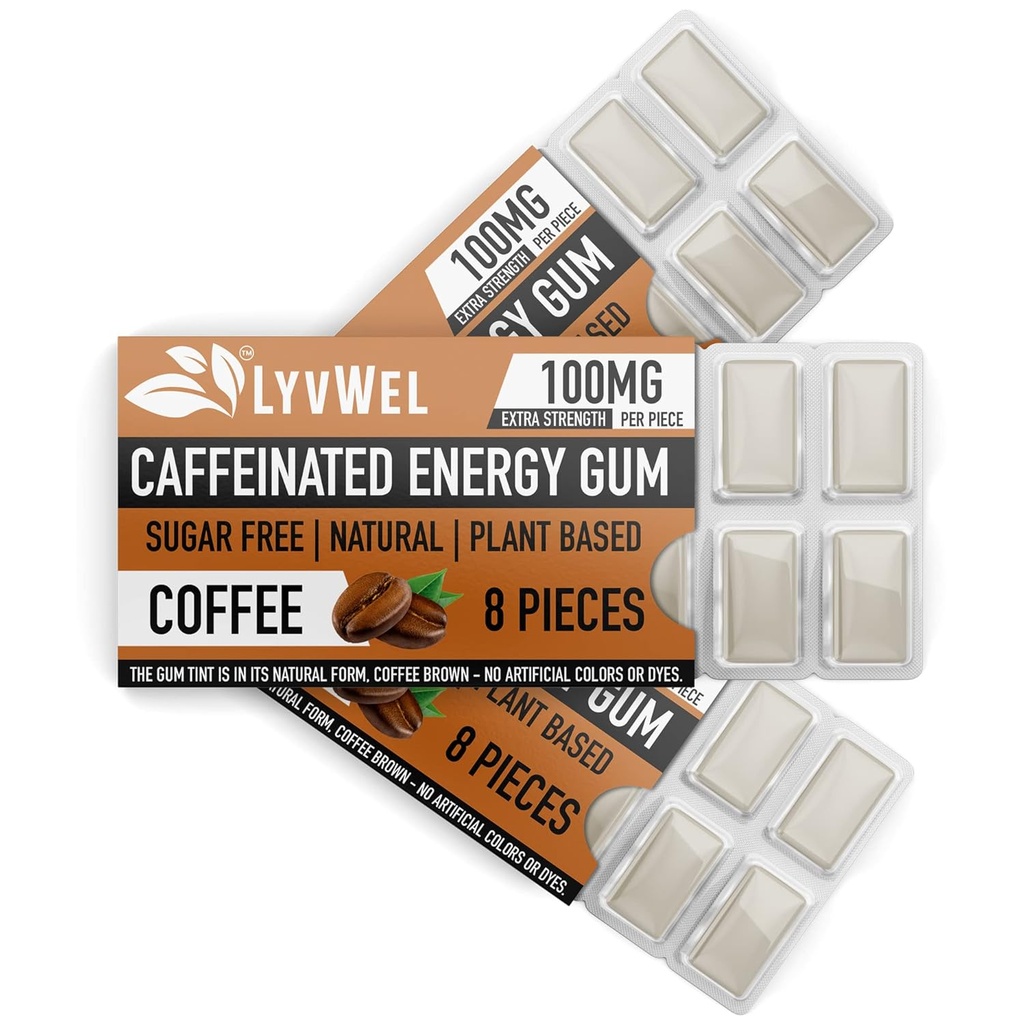 LyvWel Energy Gum | 100mg Caffeine per gem | All Natural | Sugar-Free Pre-Workout Boost: Your Essential Energy Supplement to Stay Awake- 3 Pack (Coffee)