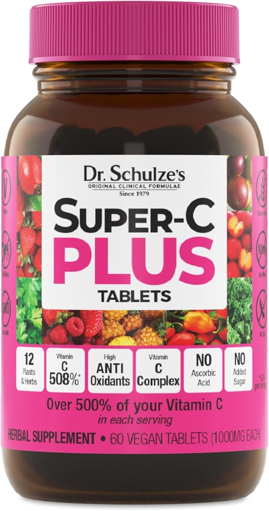 Dr. Schulze's Super-C Plus - Vitamin C Supplement for Immune Support - Skin Health & Antioxidant Support - High-Potency Formula - Plant-Based Superfood - Gluten-Free & Vegan - 60 Count (20 Servings)