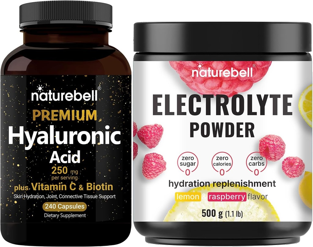 NatureBell Hyaluronic Acid Capsules with Biotin + Vitamin C & Electrolyte Hydration Powder Bundle Pack | Complete Beauty Care Complex | Real Coconut Water Electrolytes