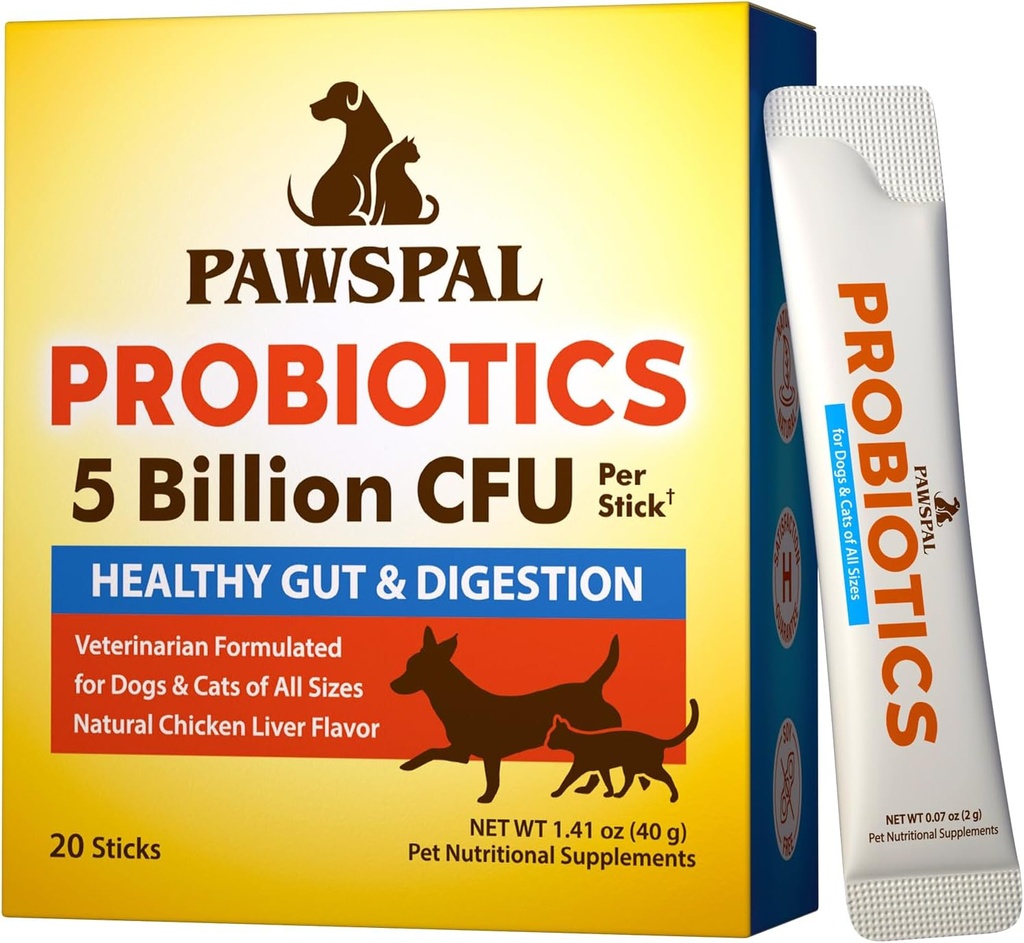 Probiotics for Dogs and Cats, 5 Billion CFU, Veterinarian Formulated, Digestive & Immune Health, Gut Flora Balance, All Natural Probiotic Powder, Chicken Liver Flavor, 20 Sticks