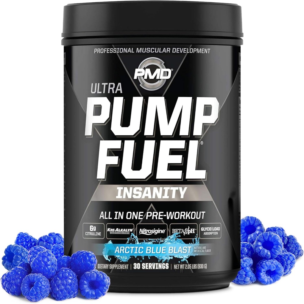 PMD Sports Pump Fuel Ultra Insanity - Premium Pre Workout Powder & Muscle Pump, Greater Focus, Endurance & Recovery, Premium Creatine, Arginine & Beta Alanine - Arctic Blue Blast (30 Servings)