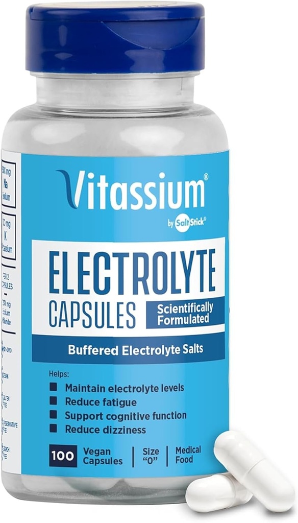 Vitassium Electrolyte Capsules, Electrolytes for The Management of POTS and High Sodium Diets (500mg Sodium - 100mg Potassium), Unflavored, 100 Salt Pills (Size 0)