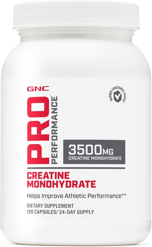 GNC Pro Performance Creatine Monohydrate 3.5g Supplement, Improves Muscle Building, Endurance and Performance, 120 Capsules, 24 Servings