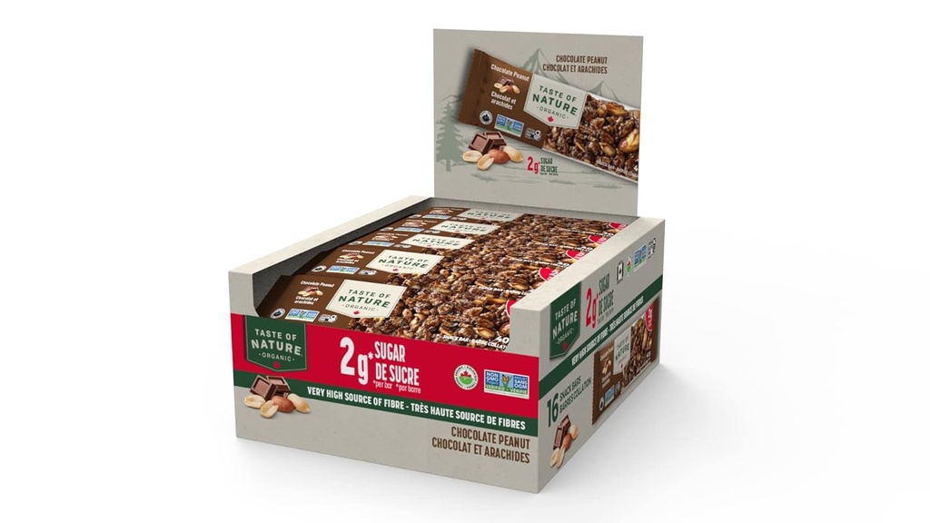 Taste of Nature - Organic 2g Sugar Chocolate Peanut - Low Sugar Snack and Breakfast Bar, High Fiber Energy Bar - 16 Count Snack Pack