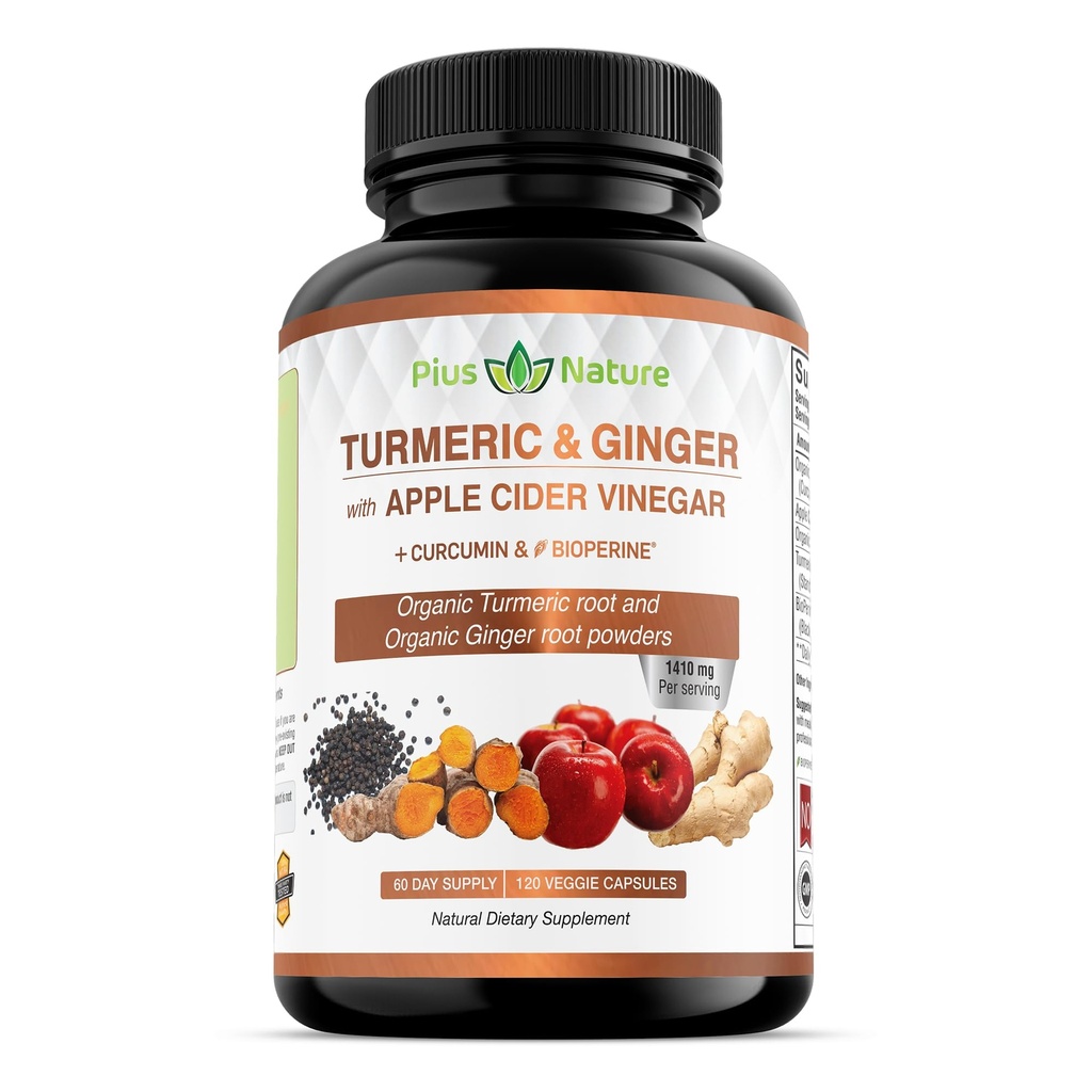 120 Capsules of USDA Organic Turmeric Root Powder, USDA Organic Ginger Powder and Apple Cider Vinegar Powder with Curcumin (95% Curcuminoids) and Bioperine, 1410 mg per Serving in Veggie Capsules