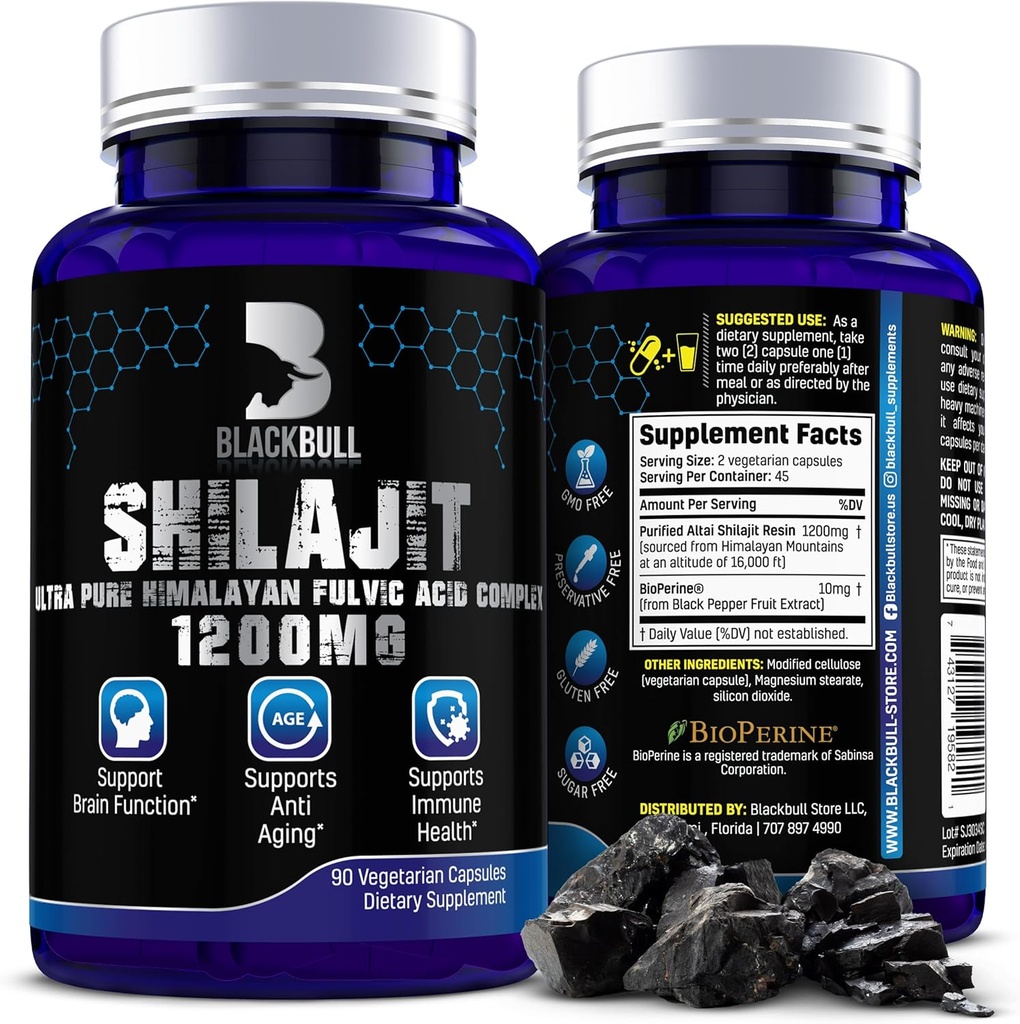 Blackbull Shilajit Pure Himalayan Organic Capsules - Natural Shilajit Resin Organic with 20% Fulvic Acid Supplement, Brain Health, Aging Immune Support - Pure Himalayan Shilajit