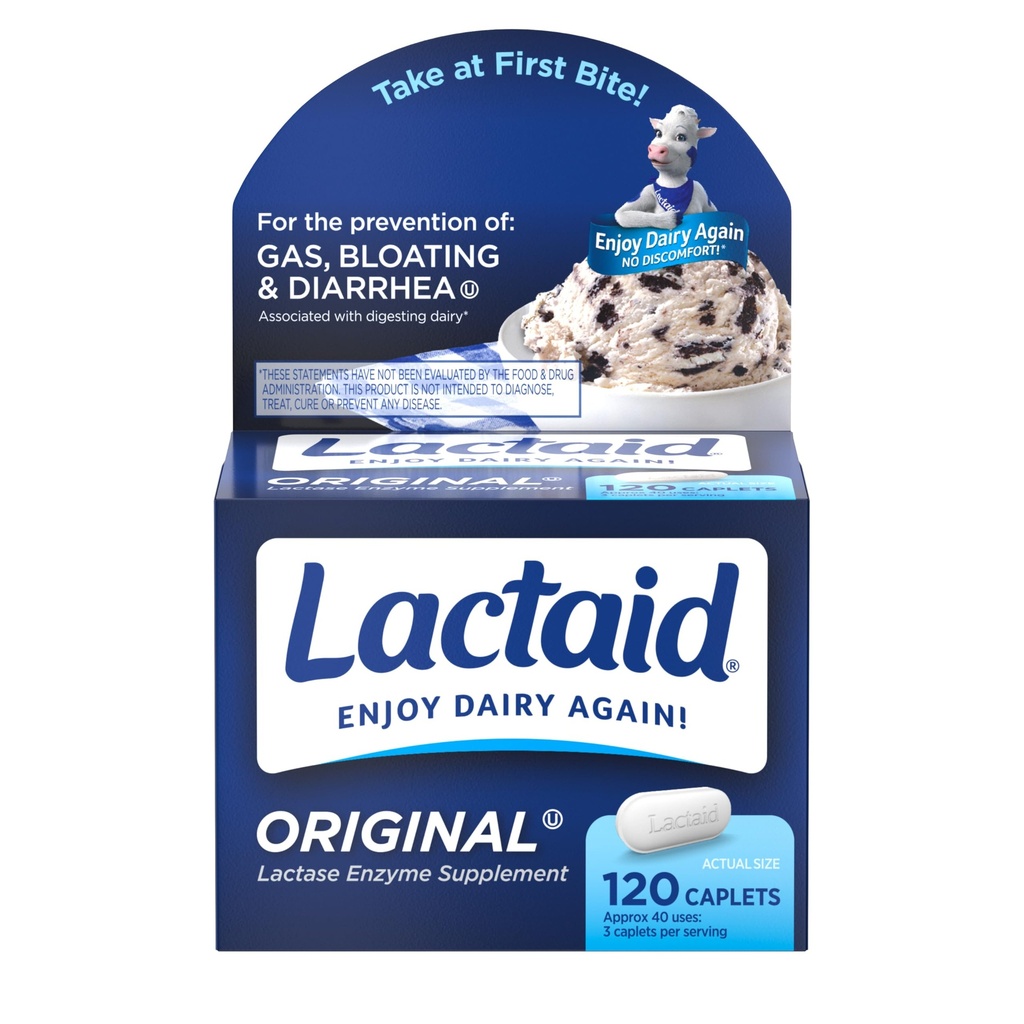 Lactaid Original Strength Lactose Intolerance Pills, 9000 FCC Natural Lactase Enzyme Dairy Relief Caplets, Helps Prevent Gas, Bloating & Diarrhea Due to Lactose Sensitivity in Adults & Kids, 120 Count