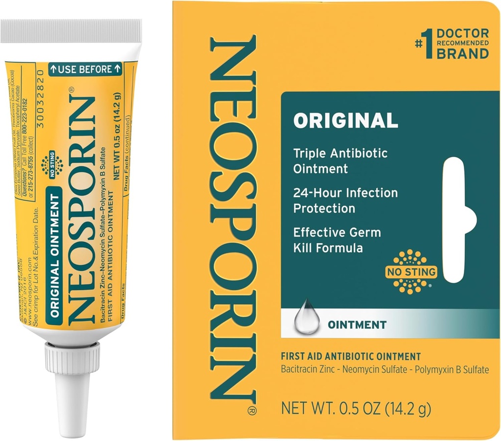 Neosporin Original First Aid Antibiotic Ointment with Bacitracin Zinc for Infection Protection, Wound Care Treatment & Scar Appearance Minimizer for Minor Cuts, Scrapes and Burns,.5 oz