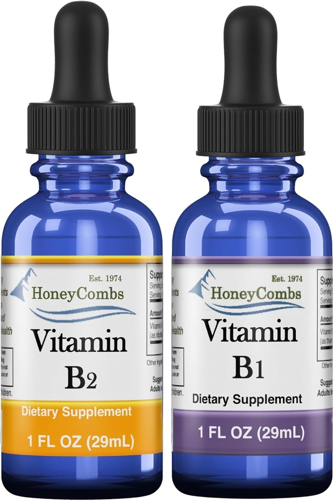 HoneyCombs High Potency Vitamin B1 (Thiamine) & B2 (Riboflavin) Drops – Vegan, Non-GMO, Alcohol-Free Liquid for Health, Digestion, Hair, Skin & Nails