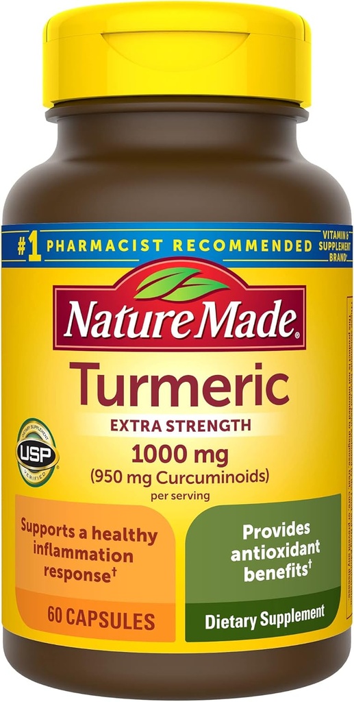 Nature Made Extra Strength Turmeric Curcumin with Black Pepper, 1000mg Turmeric Extract per serving (Standardized to 95% Curcuminoids), Supports Healthy Inflammation Response, 60 Vegetarian Capsules