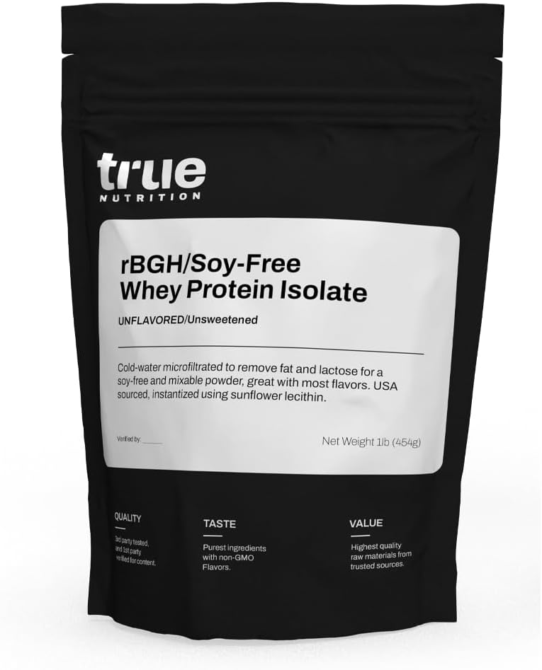 True Nutrition - rBGH/Soy Free Whey Protein Isolate [Milk] - 100% Grass Fed Whey Protein Powder with Essential Amino Acids - No Added Hormones or Antibiotics (Unflavored/Unsweetened, 1 lb)