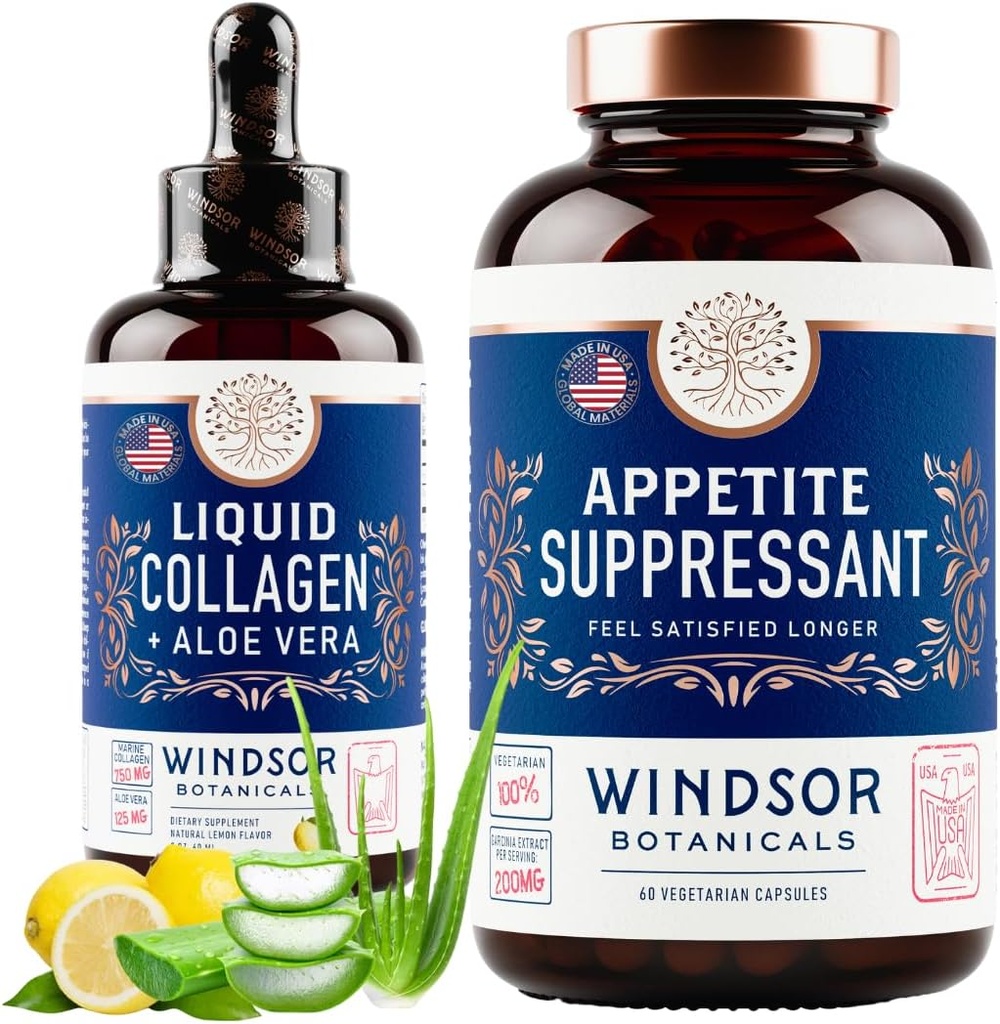 WINDSOR BOTANICALS Appetite Suppressant and Liquid Collagen Marine Diet and Beauty Bundle