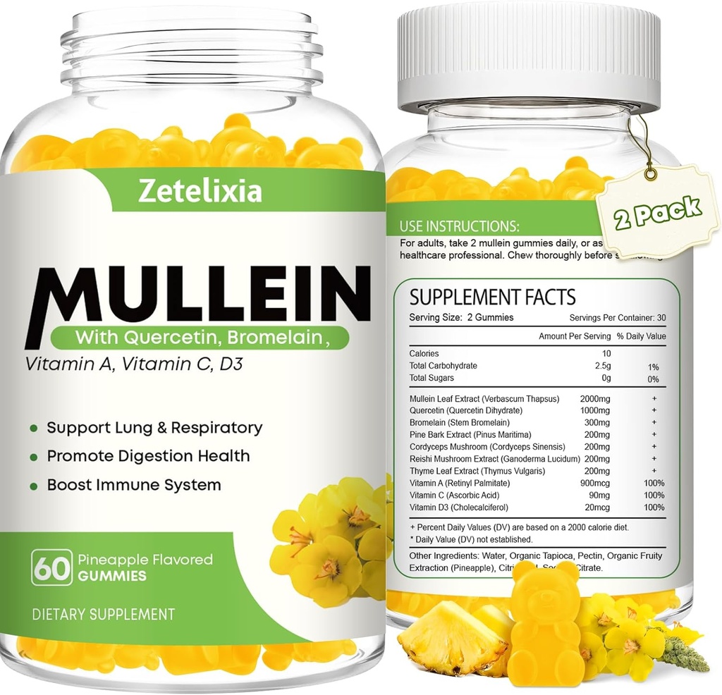 Mullein Gummies for Clear Lungs, 10 in 1 Mullein Leaf Extract for Lungs, Mullein Quercetin Gummies for Lung Cleanse, Respiratory, Immune, Pineapple Flavor, 120 Count