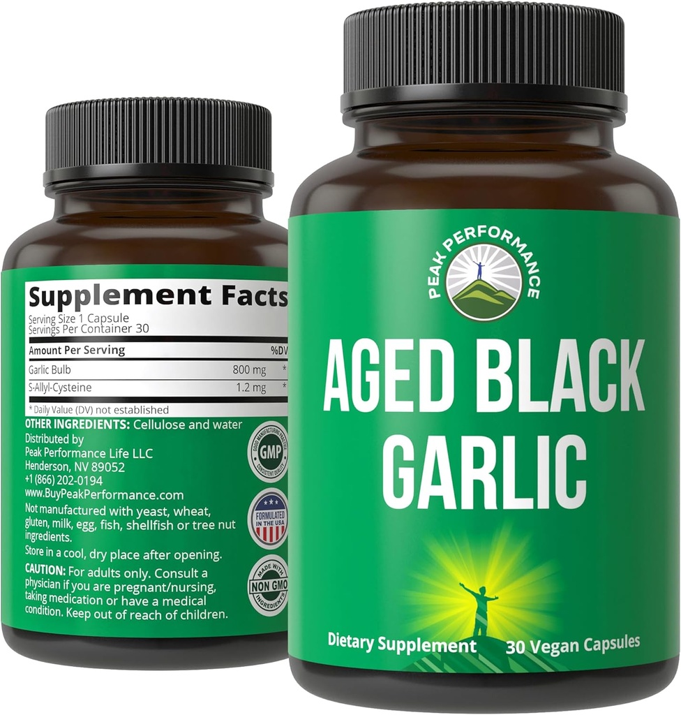 Peak Performance Aged Black Garlic Capsules. Raw Vegan Pure Odorless Extract Supplement Pills for Cholesterol, and Immune Support. from Garlic Bulb with S-Allyl Cysteine and Antioxidants