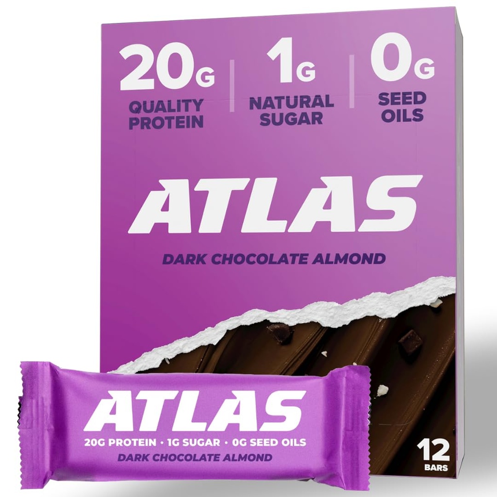 Atlas Bar – 20g Protein, 1g Sugar, 0g Seed Oils, 0g Artificial Sweeteners (Dark Chocolate Almond, 12 Count)