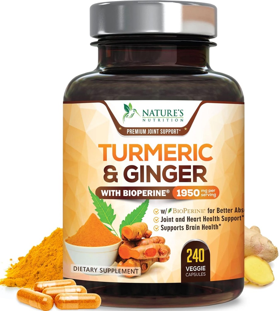 Turmeric Curcumin Supplement 1950mg - 95% Curcuminoids with Organic Turmeric &amp; Ginger, BioPerine Black Pepper for Best Absorption, Nature&#39;s Vegan Joint Support, Non-GMO, Bottled in USA - 240 Capsules