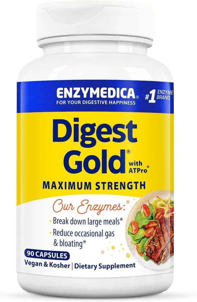 Enzymedica Digest Gold + ATPro, Maximum Strength Digestive Enzymes, Helps Digest Large Meals for Instant Bloating Relief, 90 Count