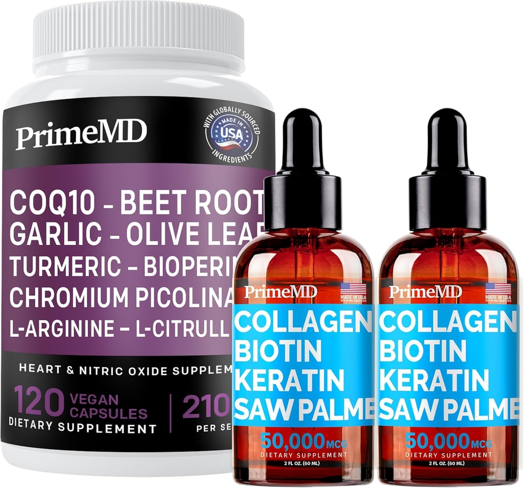 Liquid Collagen Biotin (2pk) and Nitric Oxide (1pk) Supplement Bundle - Potent Vitamins for Hair, Skin, Nails, Heart, Circulatory, and Lipid Support - Non-GMO, Vegan, Gluten-Free