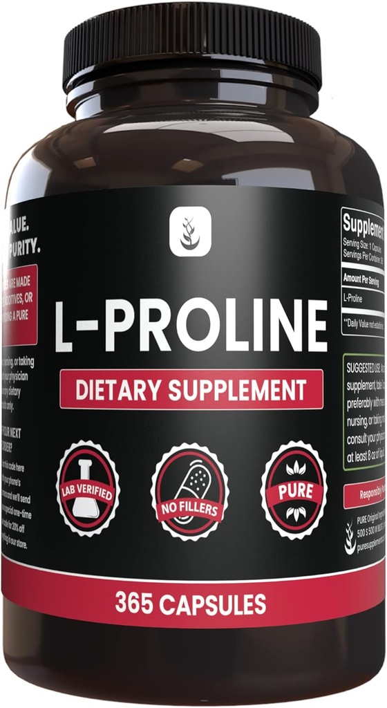 PURE ORIGINAL INGREDIENTS L-Proline (365 Capsules) No Magnesium Or Rice Fillers, Always Pure, Lab Verified
