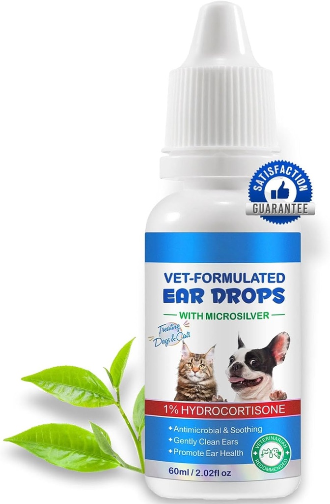 Ear Drops for Cats & Dogs-Dog Ear Infection Medication-Ear Mites Treatment-Dog Yeast Soothing Cleansing with 1% Hydrocortisone-Clean Pet Earwax-Mild and Effective-60ml