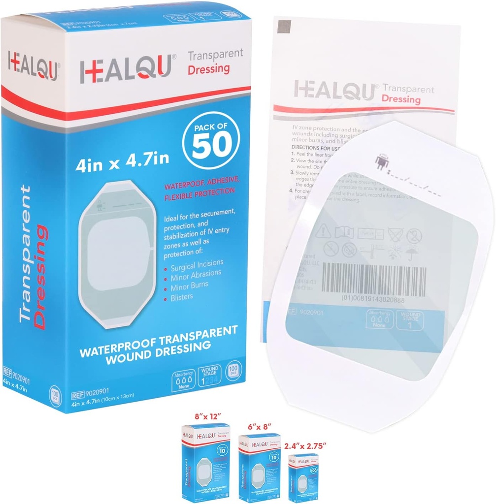 Transparent Film Dressing 4" x 4.75" (50 Pack) – Waterproof Adhesive Wound Bandages for Post-Surgical Shower, IV Shield, Tattoo Aftercare, Clear Breathable Dressing Patches by HEALQU