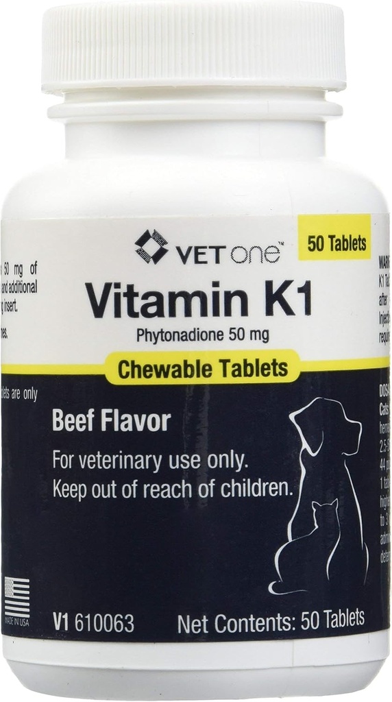 Vet One Vitamin K1 Chewable Tablets - Vitamin K1 for Dogs, Beef-Flavored Chewable Vitamins For Cats and Dogs (50 Tablets, Phytonadione 50mg)