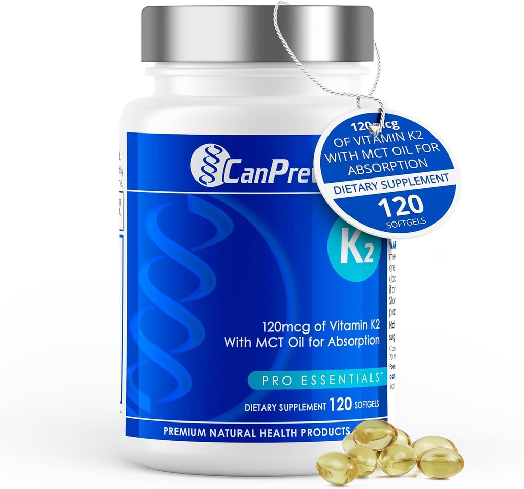 CanPrev K2 120mcg with Organic Coconut Oil, 120 Softgels 120-Day Supply - Enhanced Absorption for Optimal Bone and Teeth Support, High Potency Vitamin K2 for Maintaining Strong Bones and Teeth