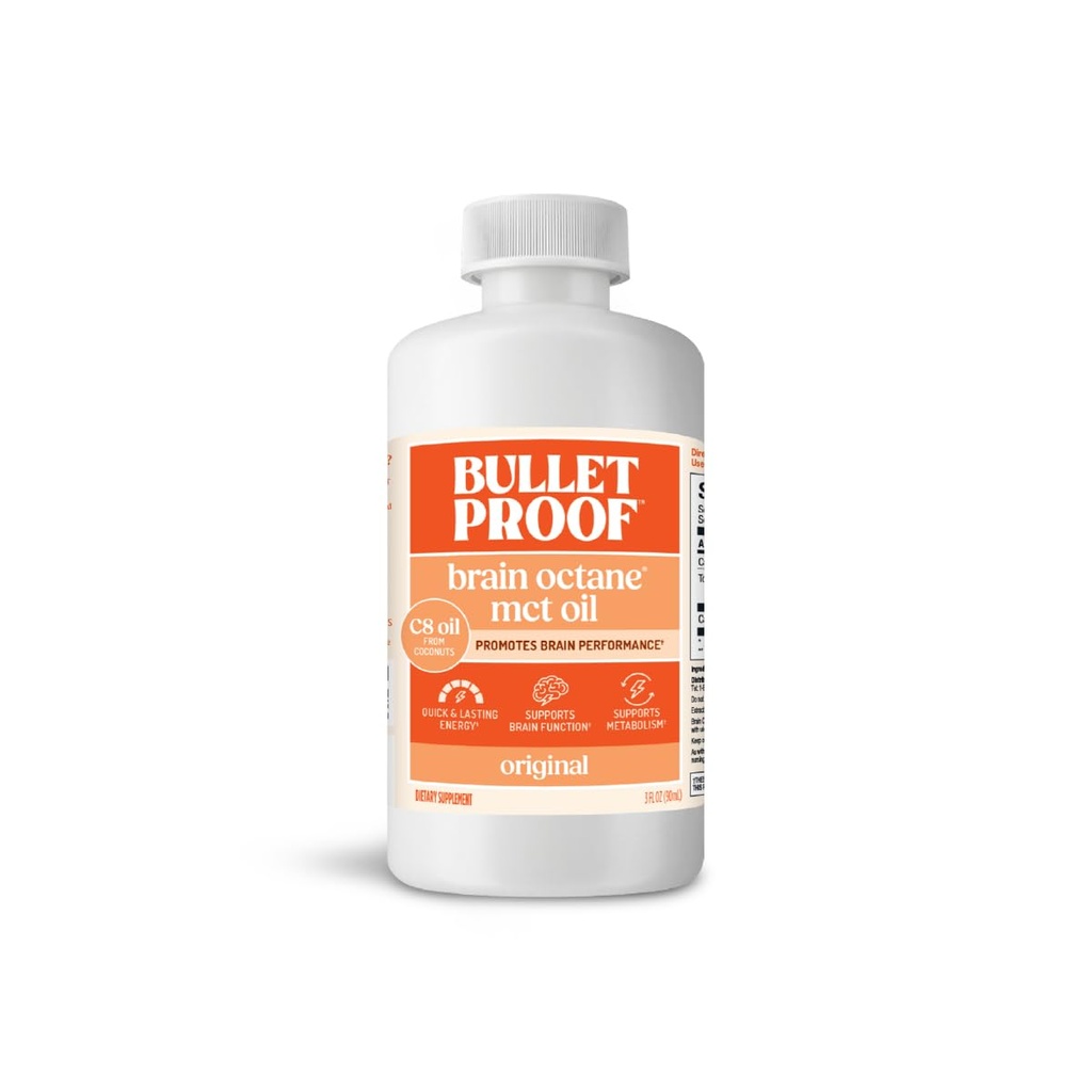 Bulletproof Brain Octane C8 MCT Oil Travel Size, 3 oz – 100% Pure Coconut Oil, Triple-Distilled Keto Energy Supplement for Coffee & Smoothies, Unflavored, No Additives or Fillers, Non-GMO