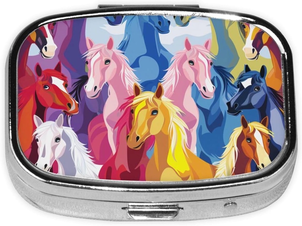 Cute Cartoon Horses Printed Square Pill Organizer with 2 Compartments, Portable Mini Pill Box Pill Case for Medicine, Vitamin, Fish Oil, Supplements
