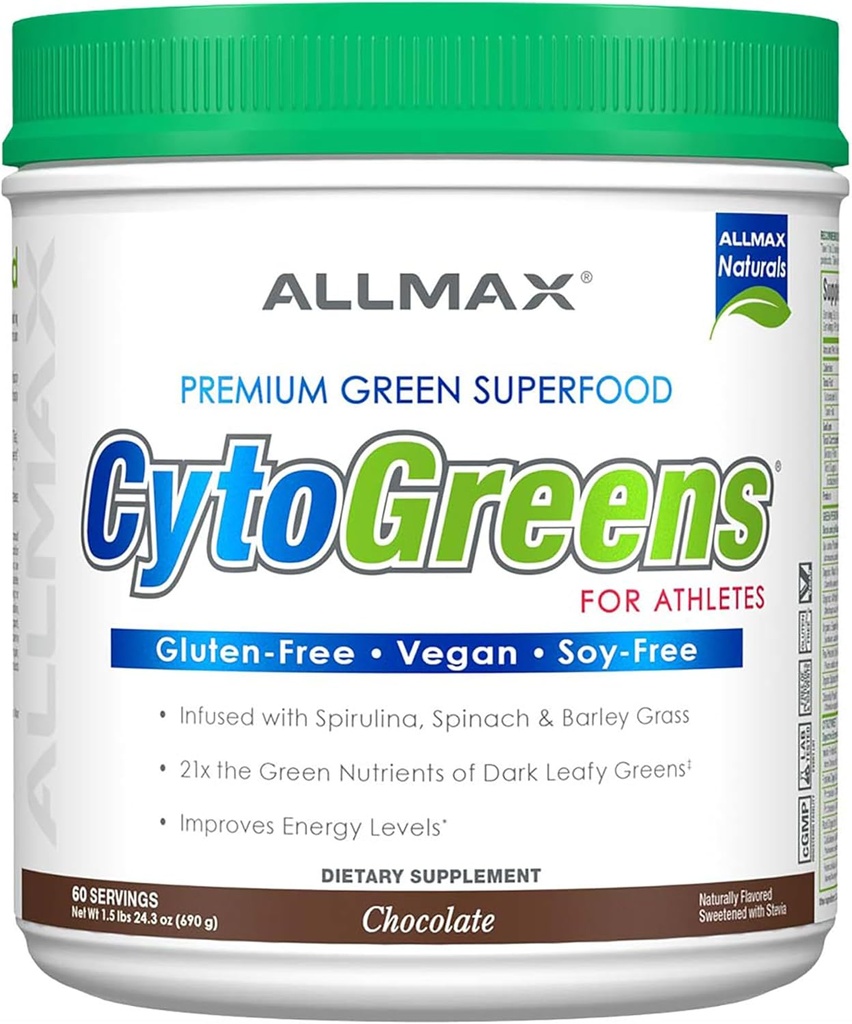 ALLMAX CYTOGREENS, Chocolate - 1.5 lbs - Supports Performance, Recovery & Energy - with Spirulina, Chlorella, Spinach, Barley Grass & Green Tea - 60 Servings