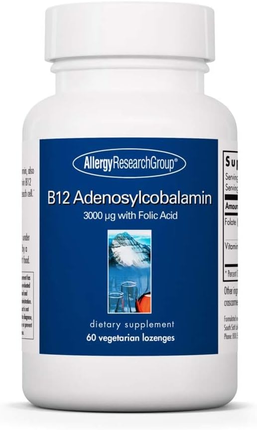 Allergy Research Group B12 Adenosylcobalamin Supplement - with Folic Acid, Vitamin B12 3000 mcg, Folate, Pure B12, Vegetarian Lozenges - 60 Count