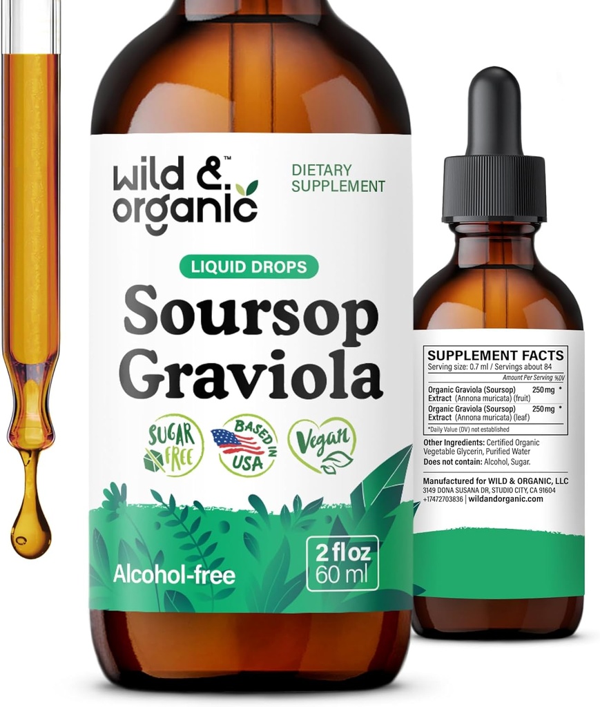 Wild & Organic Soursop Graviola Liquid Drops - Guanabana Leaves & Soursop Fruit Tincture for Antioxidant Support - Graviola Leaf Extract Supplement - Vegan, Sugar & Alcohol-Free - 2 fl oz