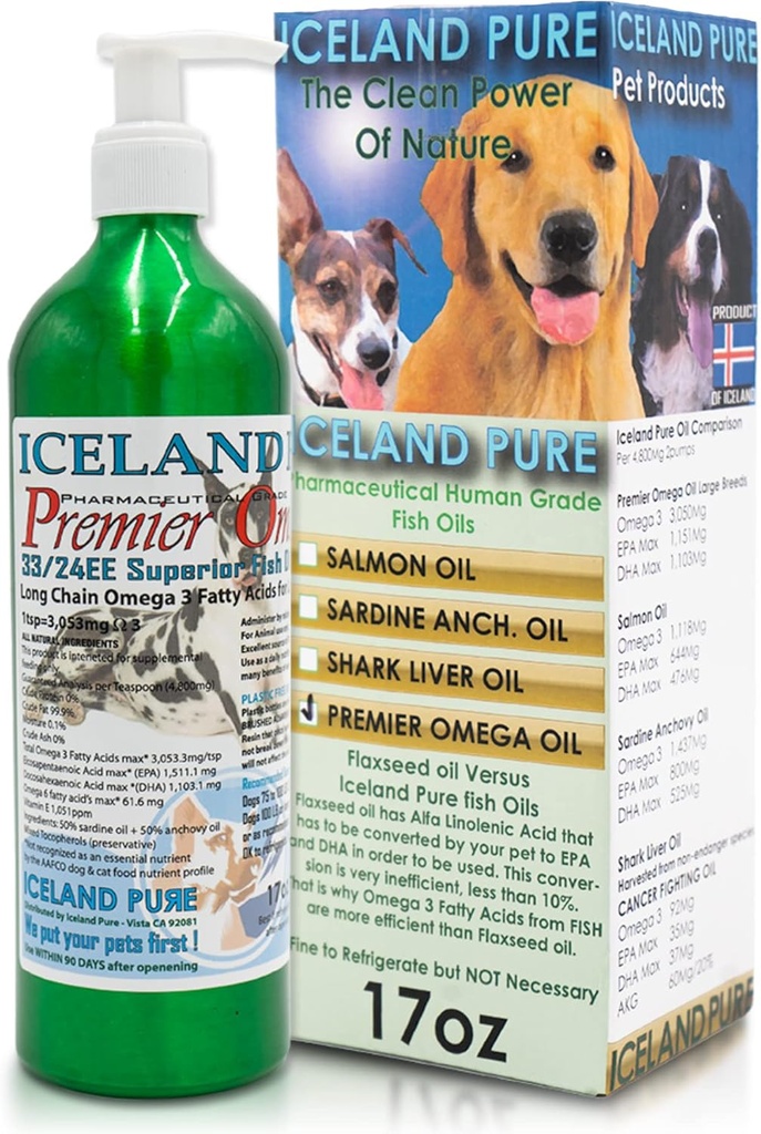 Premier Omega Fish Oil Supplement by Iceland Pure | Wild Caught | 3053mg of Omega-3 per teaspoon | For Large Dog Breeds | Ethyl Ester Distillation | Pump Bottle BPA Free Brushed Aluminum 17Oz